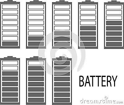 A set of characters battery with different charge levels in the form of filled rectangles Vector Illustration